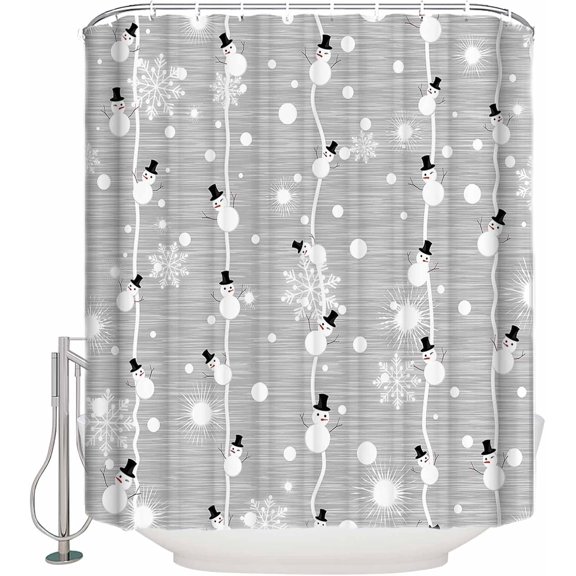 Merry Christmas Shower Curtain, Snowman and Snowflake on Grey Background Digital Print, Fabric Bathroom Decor with Hooks, 72 x 72 inches