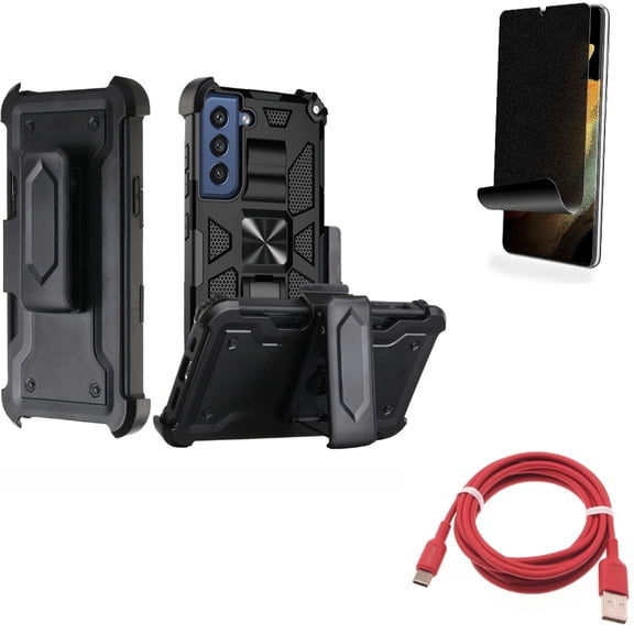 6ft USB-C Cable & Privacy Screen Protector & Case Belt Clip for Samsung Galaxy S22 Plus (S22 ) - Combo Red Charger Cord Power & TPU Film (Fingerprint Works) Anti-Peep & Holster Swivel Cover