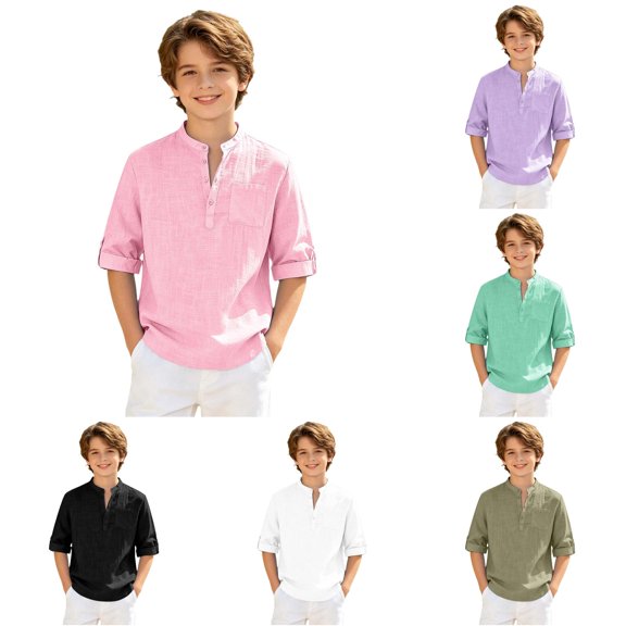 SGMVNU Boys Linen Shirt Roll up Long Sleeve Button Down Blouse Loose Fit Lightweight Tops with Chest Pocket, Size 7-8 Years, Pink