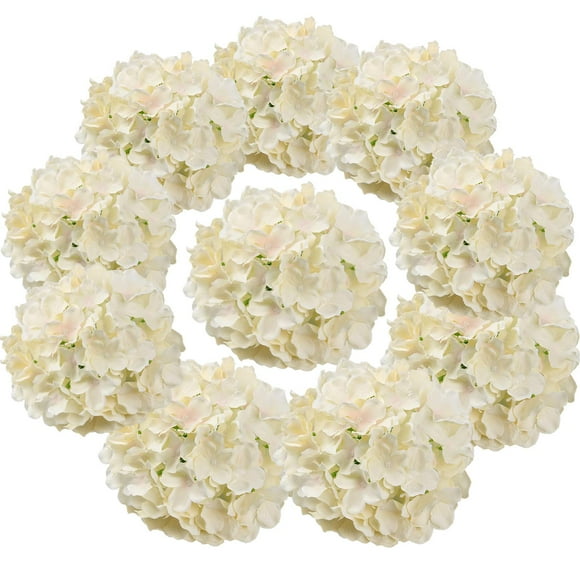 Flojery Silk Hydrangea Heads Artificial Flowers Heads With Stems For Home Wedding Decor,Pack Of 10 (Champagne)