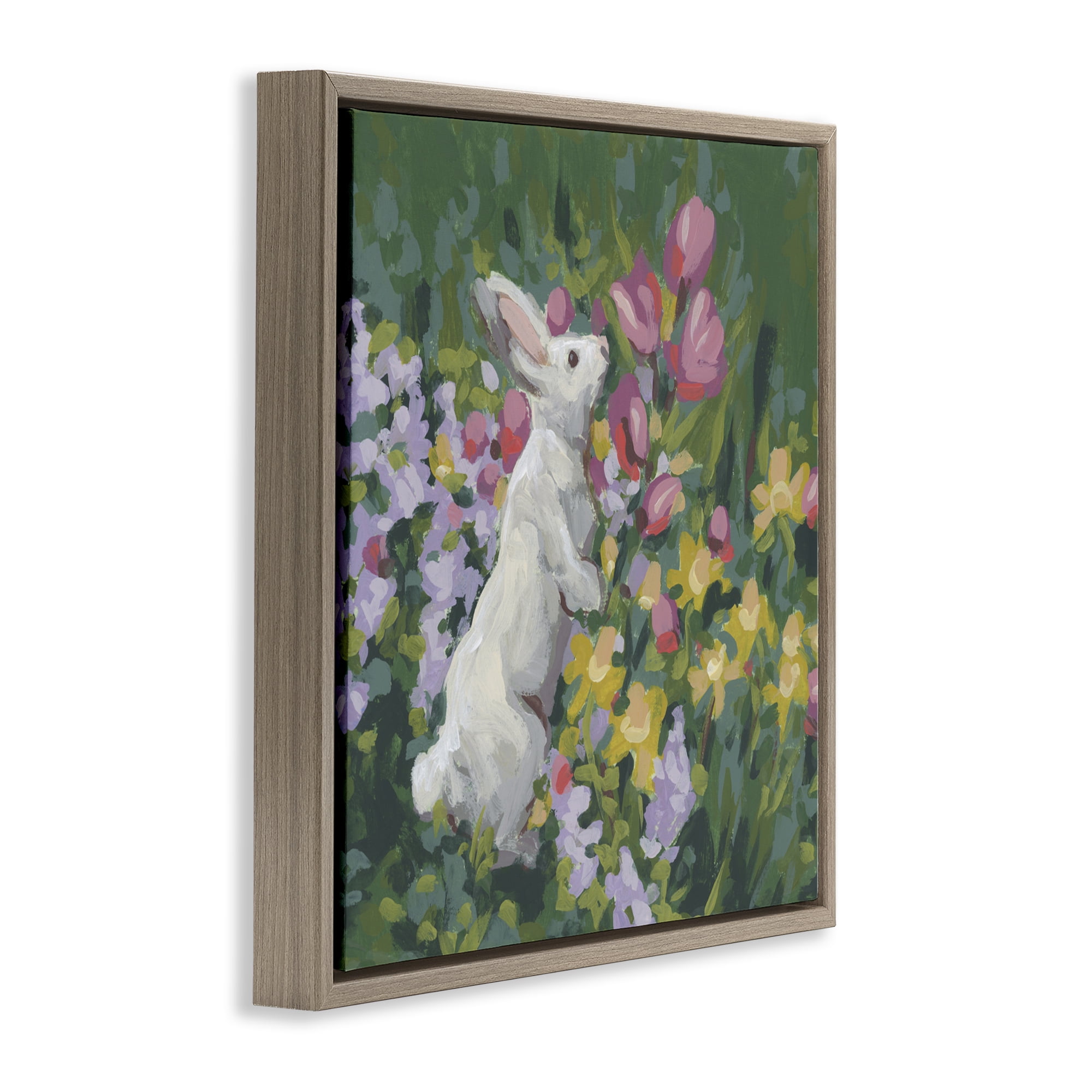 Stupell Industries Bunny in Garden Impression Brown Framed Floater Canvas Wall Art, design by June Erica Vess