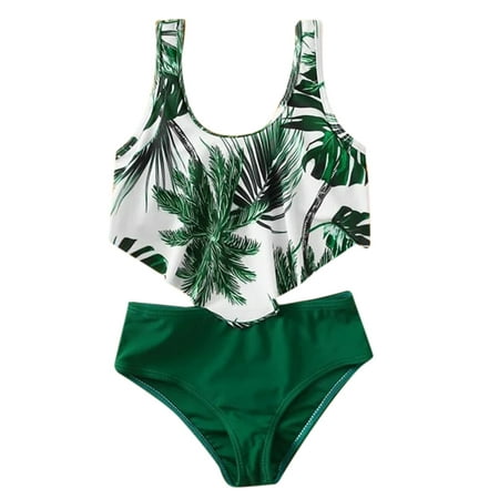Fesfesfes Teen Girls Swimwear Botanical Print Pattern Patchwork Bathing ...