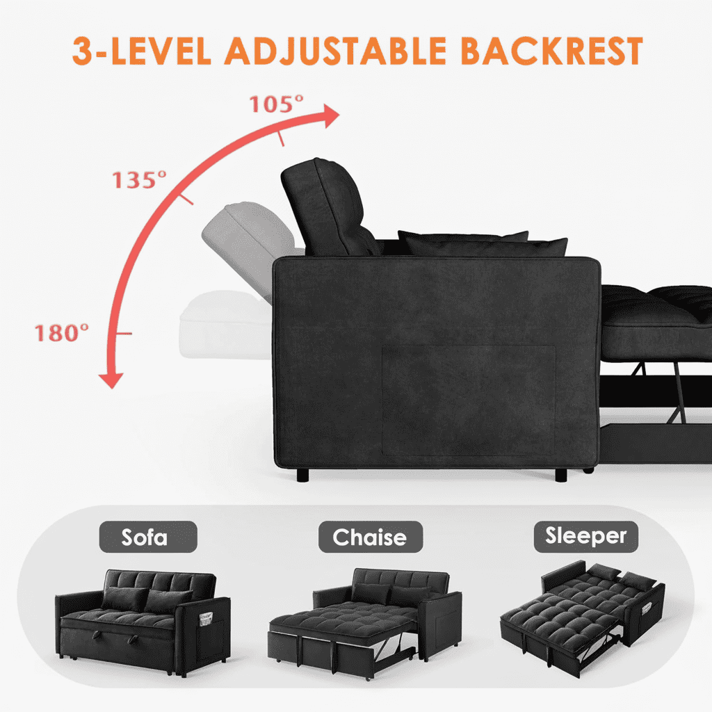 3 in 1 Sleeper Sofa Bed, 55" Convertible Pull Out Couch with Adjustable Backrest, Velvet Loveseat Sofa with Side Pockets for Living Room, Bedroom, Apartment, and Small Space (Black)