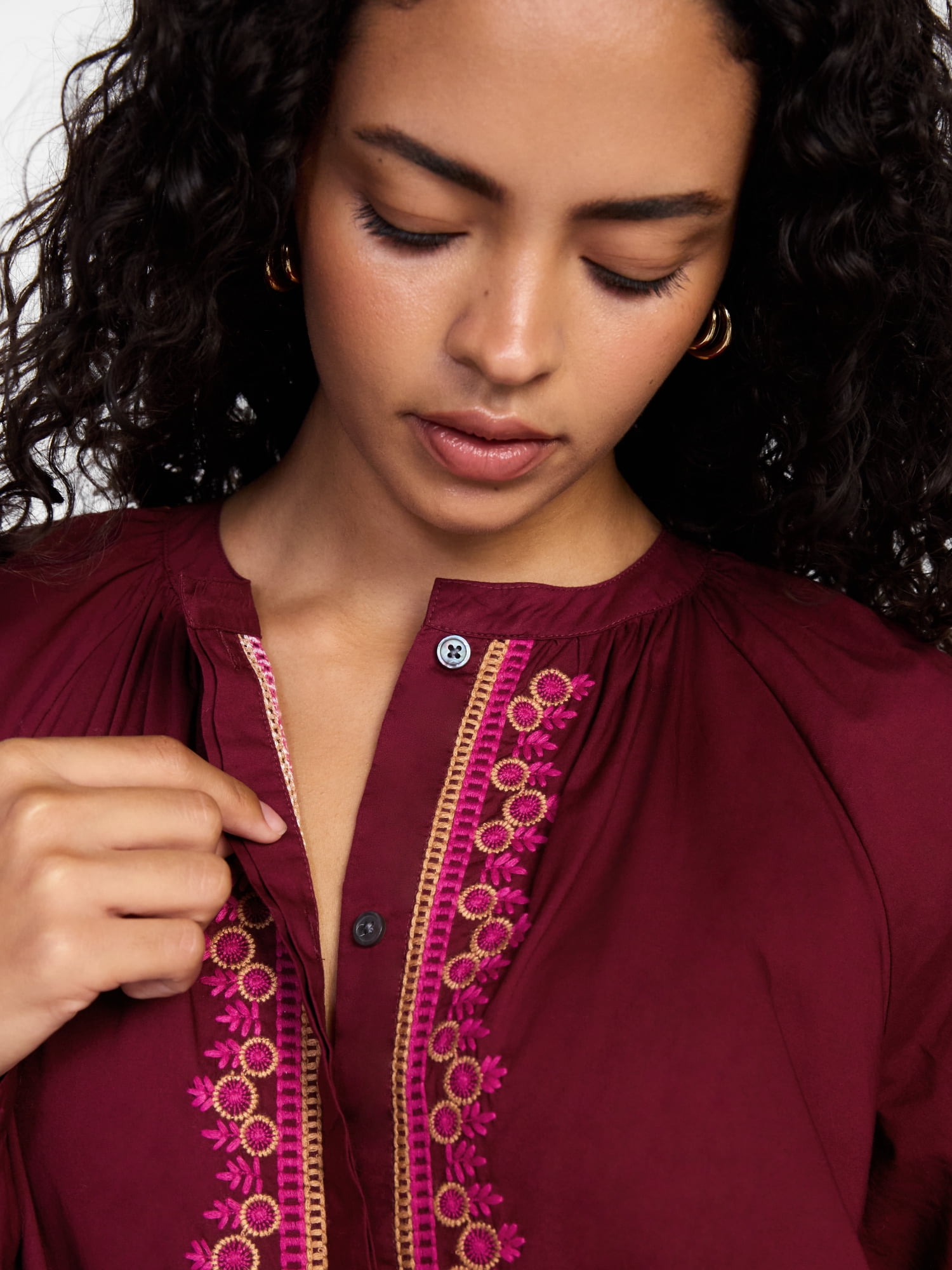 Scenario Women's Embroidery Top with Long Sleeves, Sizes XS-XXXL