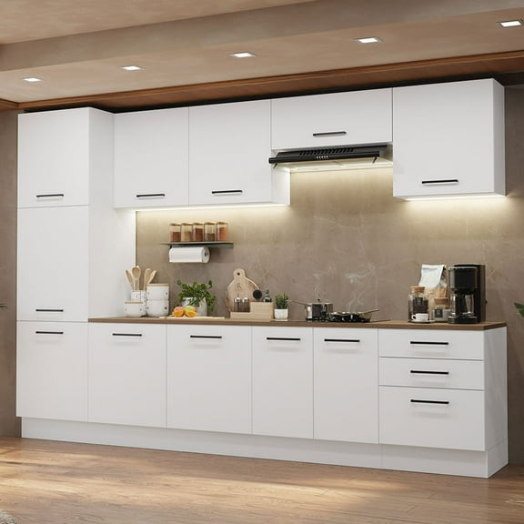 Madesa Hazel Kitchen Set 126"L Pantry Storage 3 Drawers 3 Wall Cupboards 3 Base Cabinets Engineered Wood Multiple Compartments Organization Unit - White