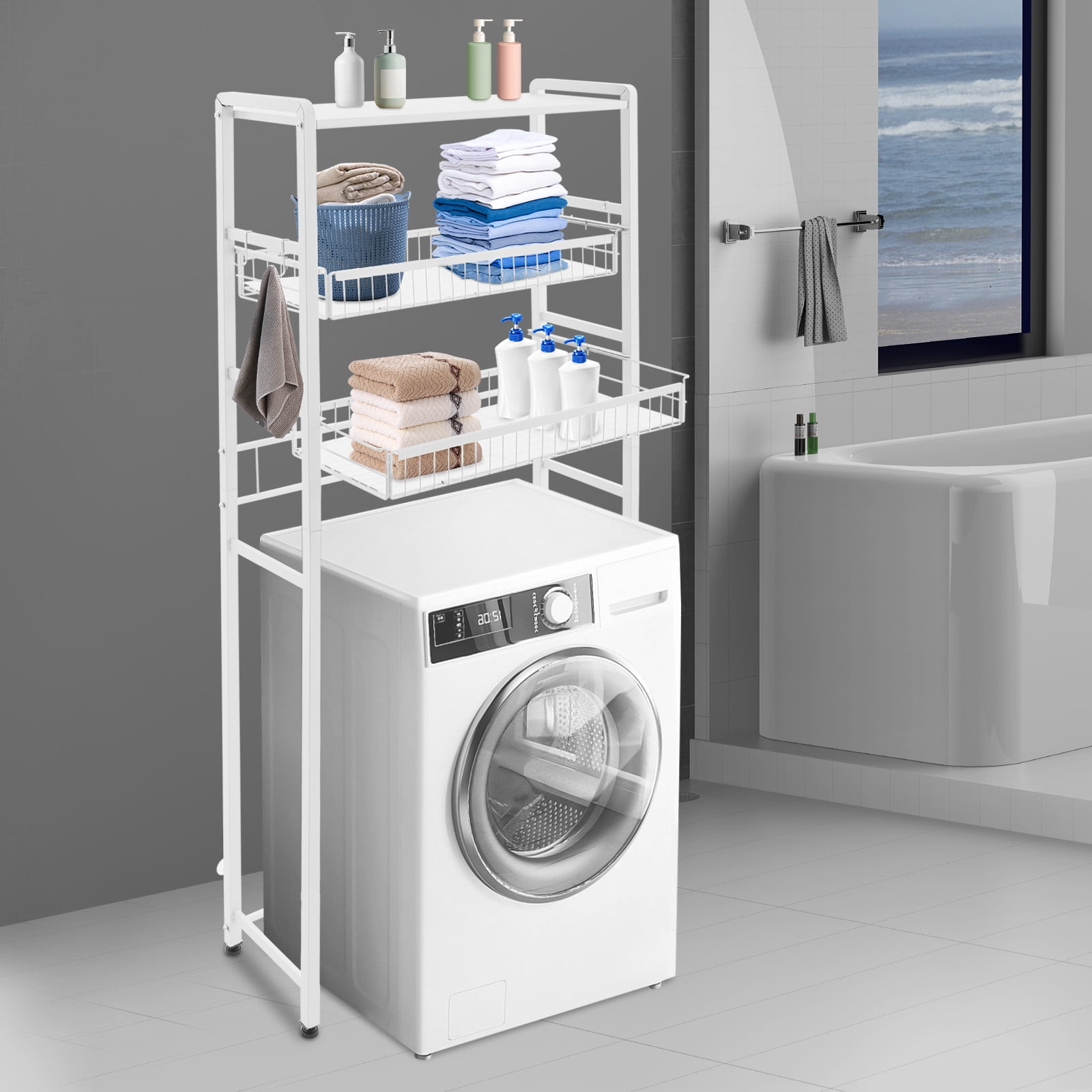 White Washer Dryer Stacking Rack Stand, Dryer Storage Shelf with 3 Tiered Shelf, Space Saver Shelving Units Freestanding Closet Organizer Storage with Hooks