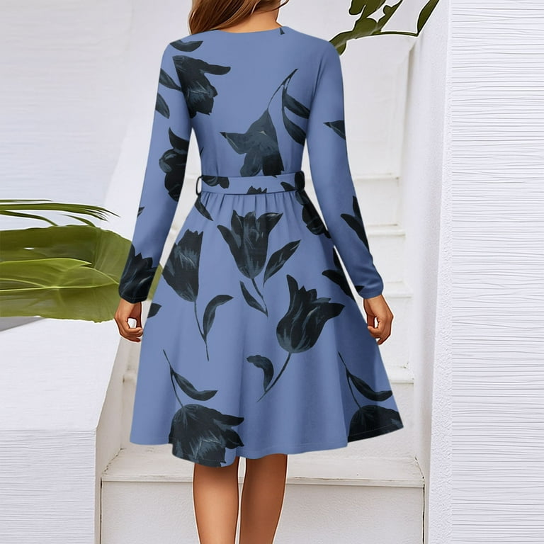 Xyxonk Women's Casual Dresses Fashion Long Sleeve Teacher Dress Fall Tie  Waist a Line Dress Casual V-Neck Floral Print Dresses Blue M - Walmart.com