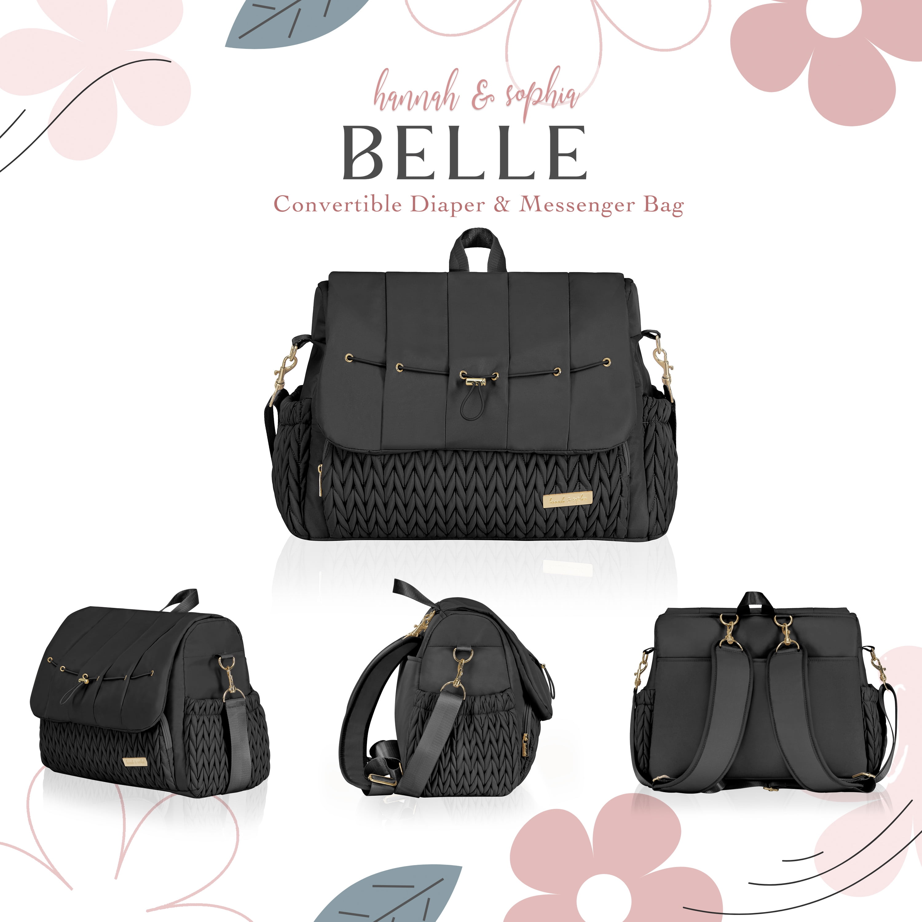 Hannah & Sophia Belle Convertible Diaper Backpack & Messenger Bag – Stylish Everyday Parent Bag, Black Orchid