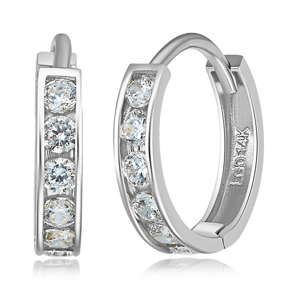 Wellingsale Ladies 14k White Gold Polished 2mm CZ Channel-set Hoop Huggies Earrings (11 x 11 mm)