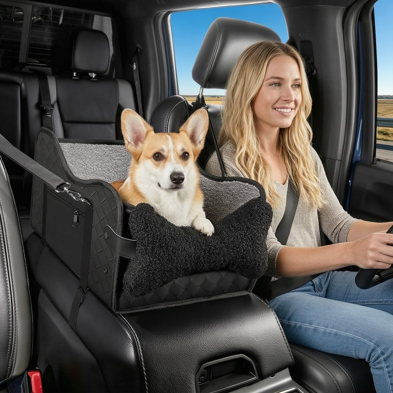 Center Console Pet Booster Seat, Portable Dog Car Seat for Small Dogs