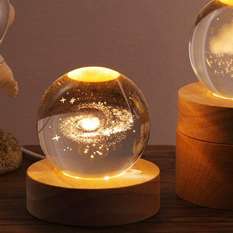 3d Planet Crystal Ball With Wooden Base,3d Crystal Led Night Light,space  Galaxy Crystal Ball Ornament For Home