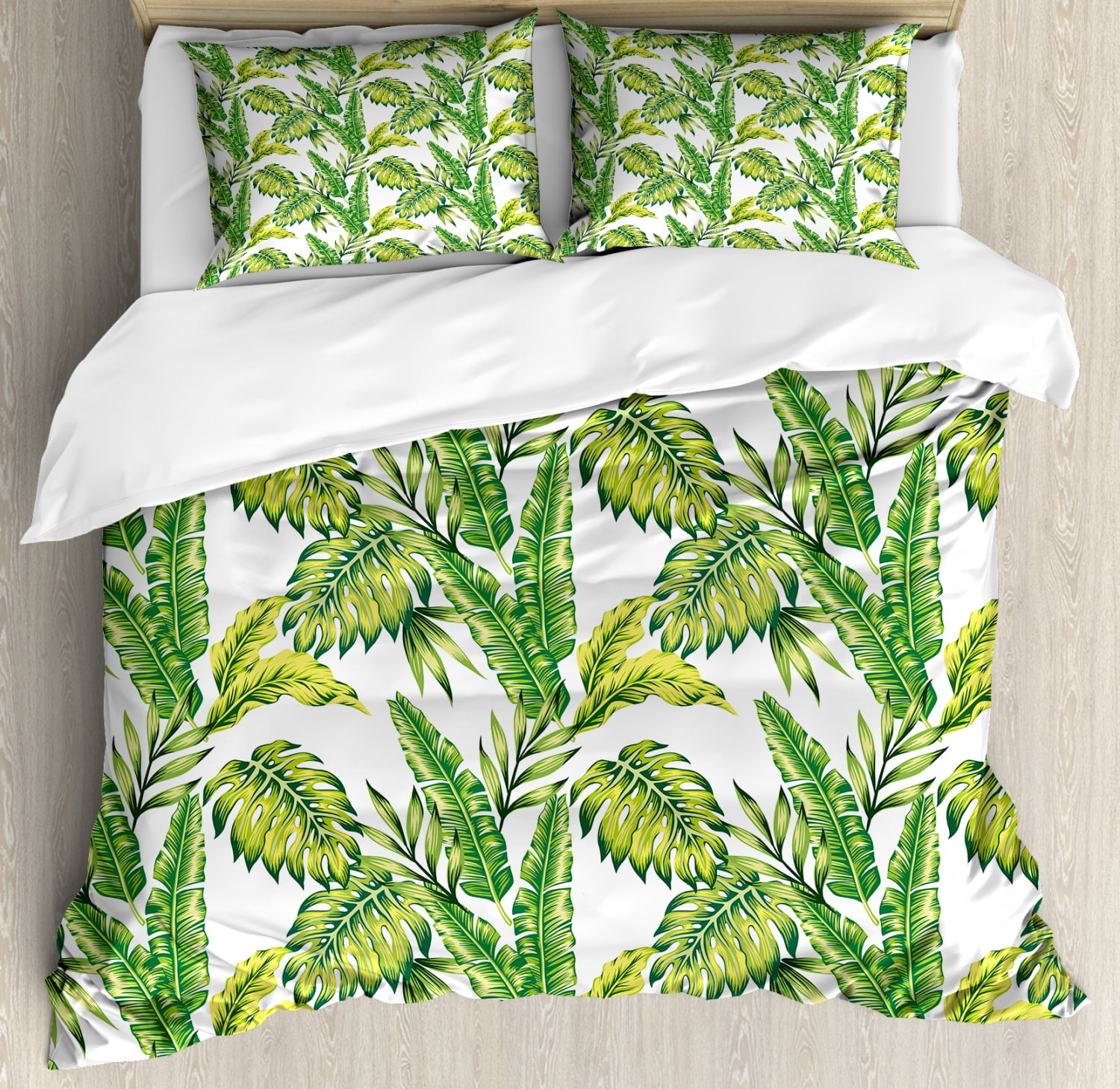 Jungle Queen Size Duvet Cover Set, Bamboo Palm Plants Jungle Colored