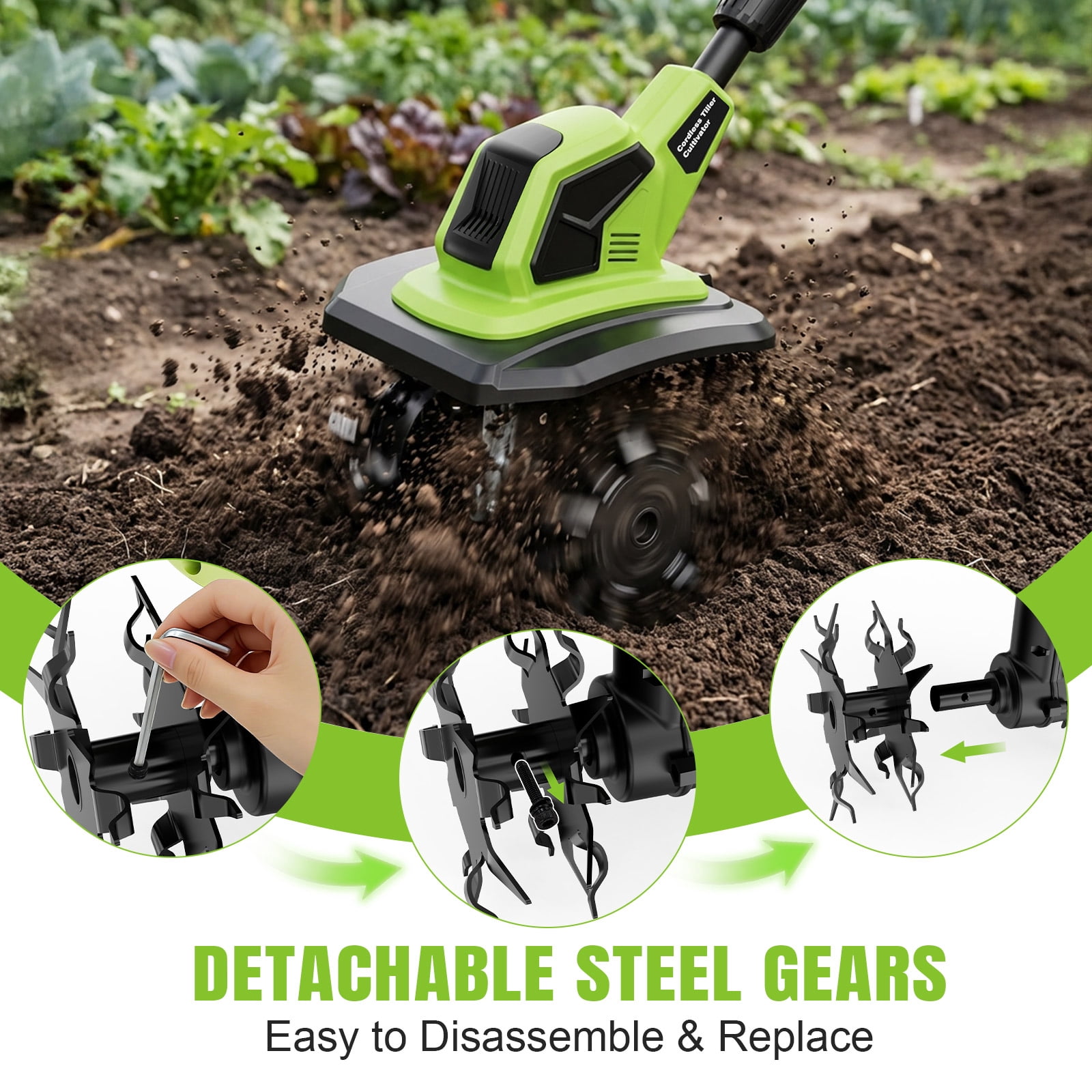 Fovendi 21V Cordless Tiller Cultivator, 360RPM Electric Garden Tiller, with 2 * 3.0Ah Batteries & Charger, 9In Tilling Width and 6.7In Depth Garden Rototiller for Lawn/Gardening/Soil Cultivation