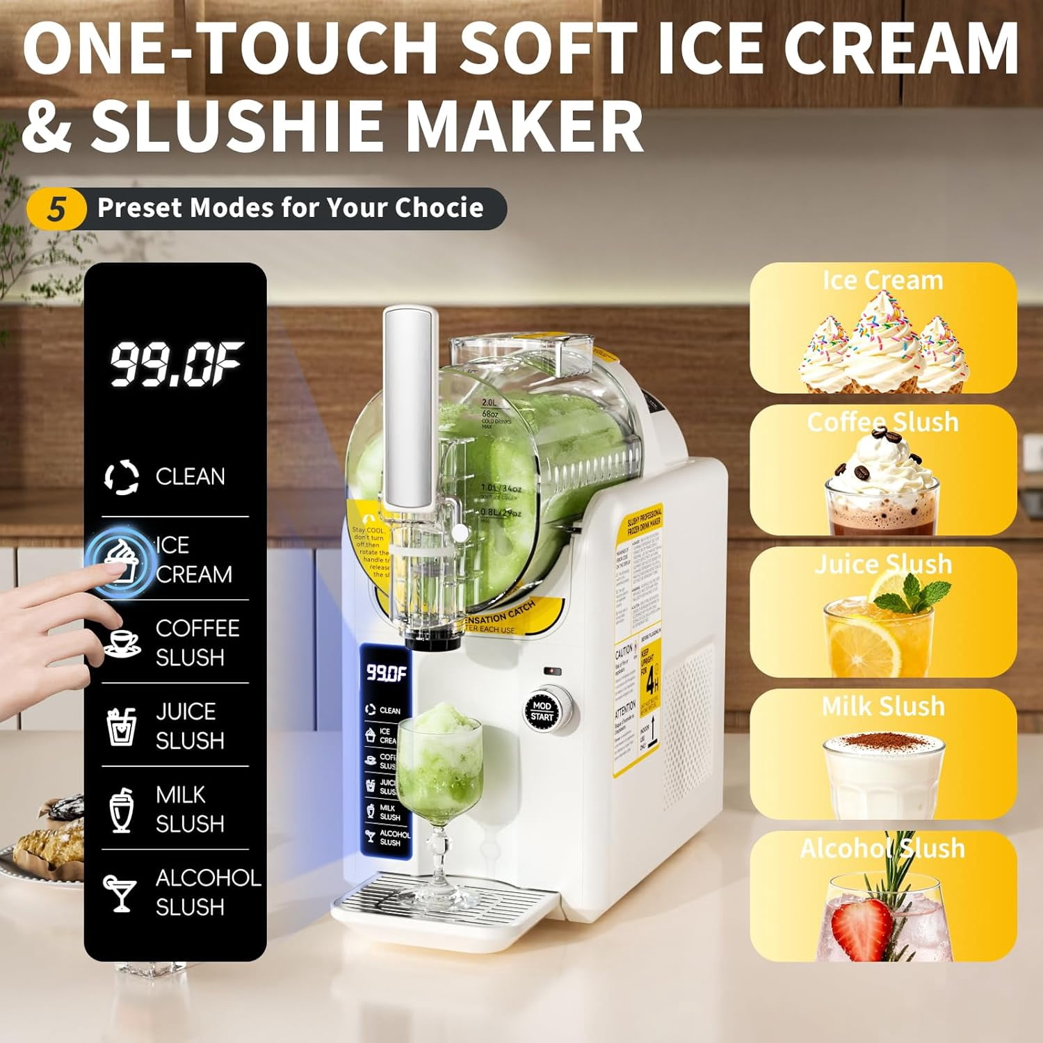 EAYSG Ice Cream & Slushie Machine | Frozen Drink Maker with 5 Presets | Auto-Clean, No Ice Needed | Quiet Operation with LED Display | for Milkshakes, Margaritas, Smoothies & More,White