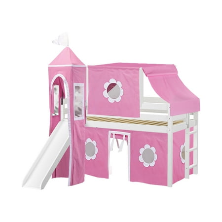 Jackpot Princess Low Loft Bed with Slide Pink & White Tent and Tower, Loft Bed, Twin, White