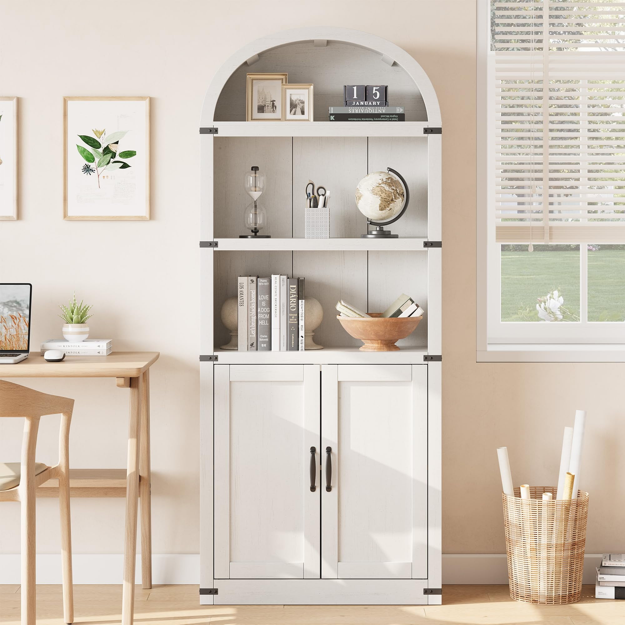 TROPOW Bookcase with Doors Arched Bookshelf 71.65in Tall Bookcase Farmhouse Cabinet with Shelves Wooden Bookshelves for Home Office, Living Room,White