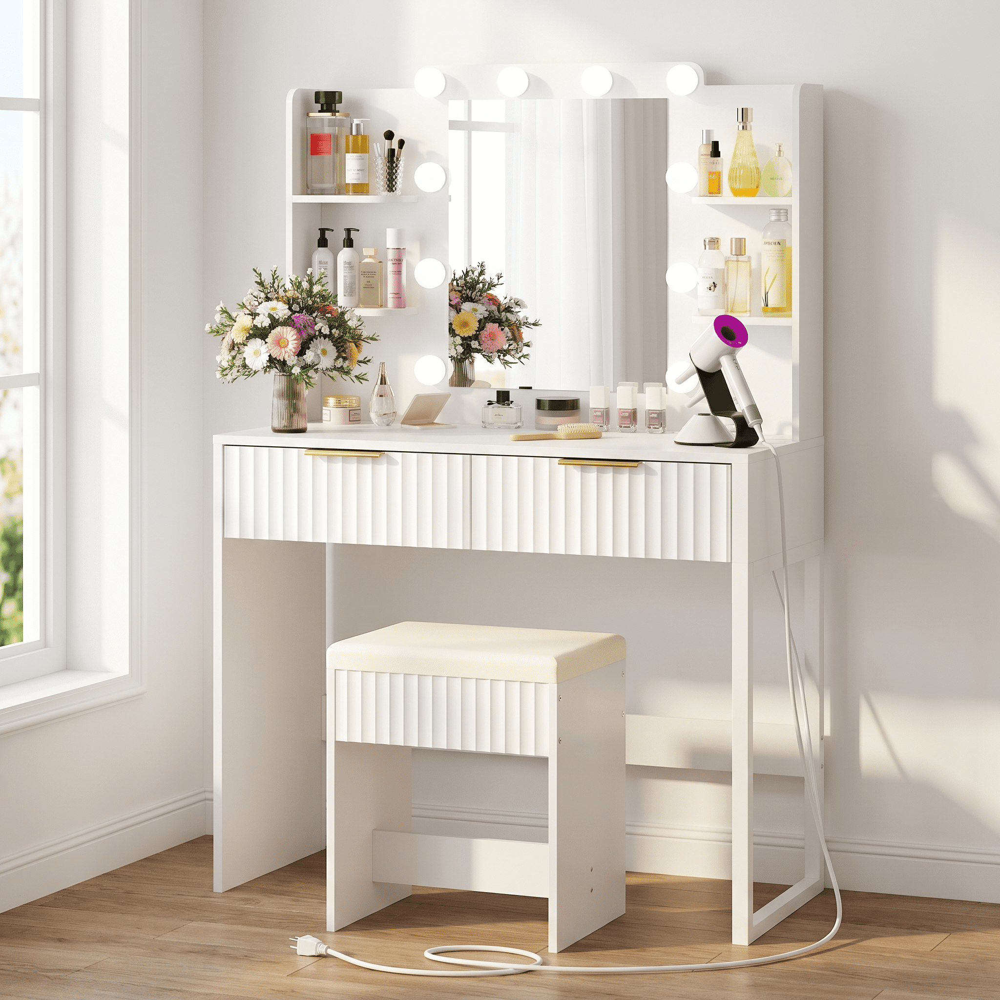 Zimtown Modern Makeup Vanity Table Set with LED Lights , Mirror and Charging Station, Dressing Desk with 2 Drawers for Bedroom, White