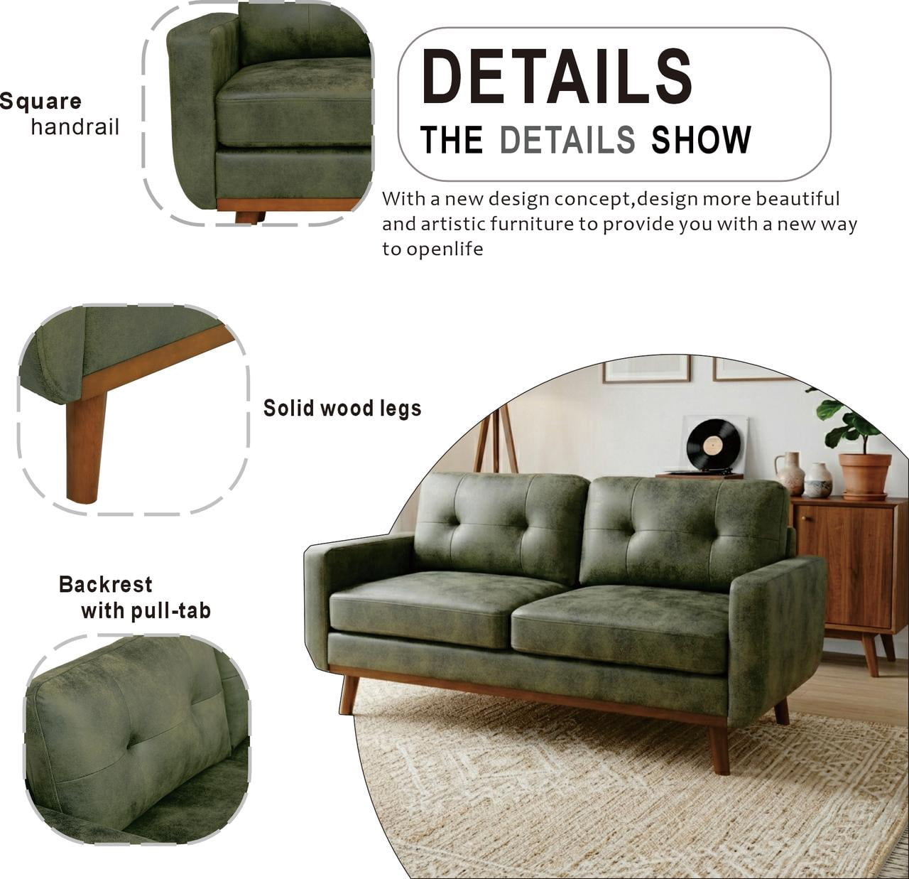 Leumius 65" Modern 2-Seater Sofa Upholstered Loveseat Sofa Couch with olid Wood Legs for Living Room,Apartment,Bedroom,Green