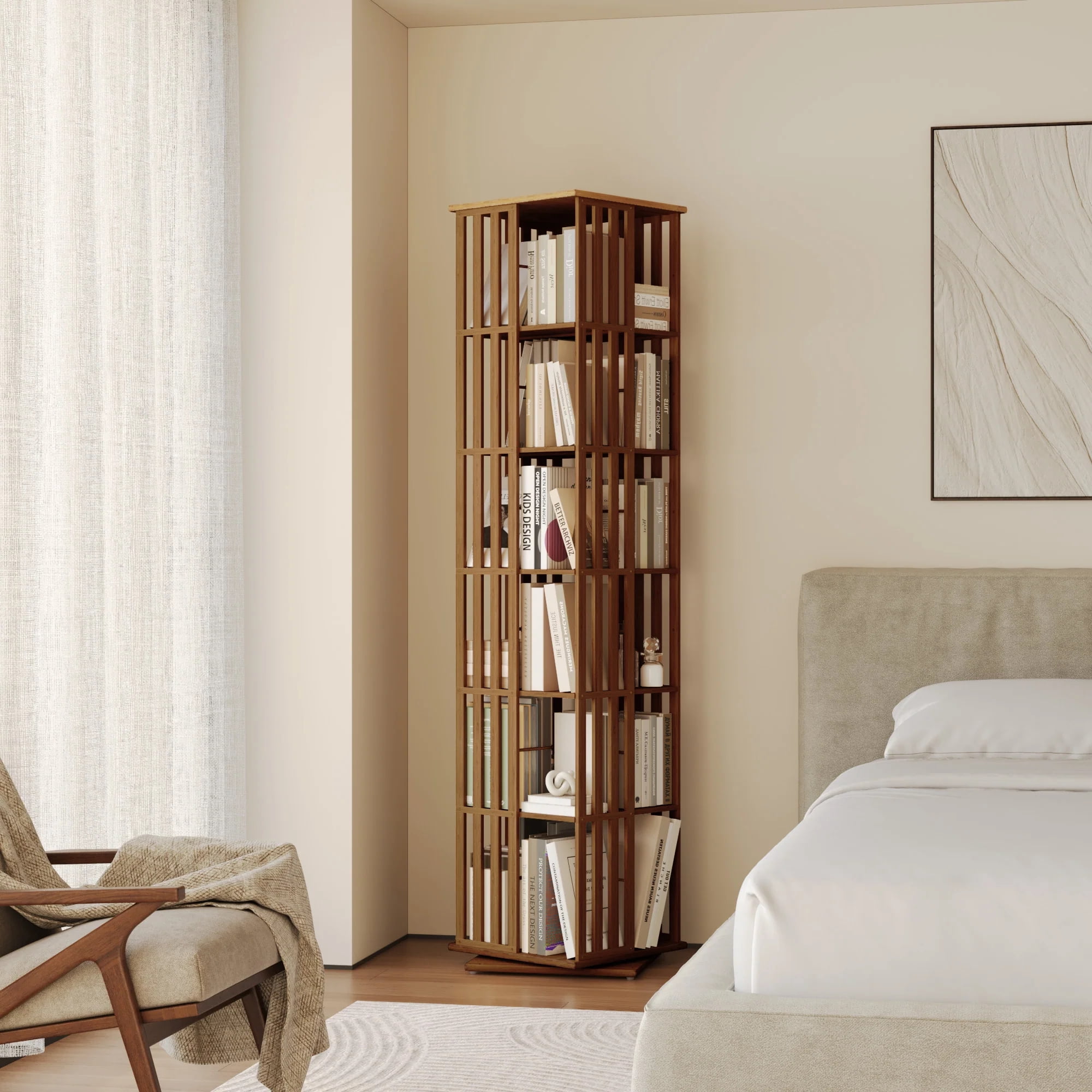 YOWOS Bamboo Rotating Corner Shelf, 6-Tier Bookcase Tower with Display Organizer and Floor Storage Rack, Walnut