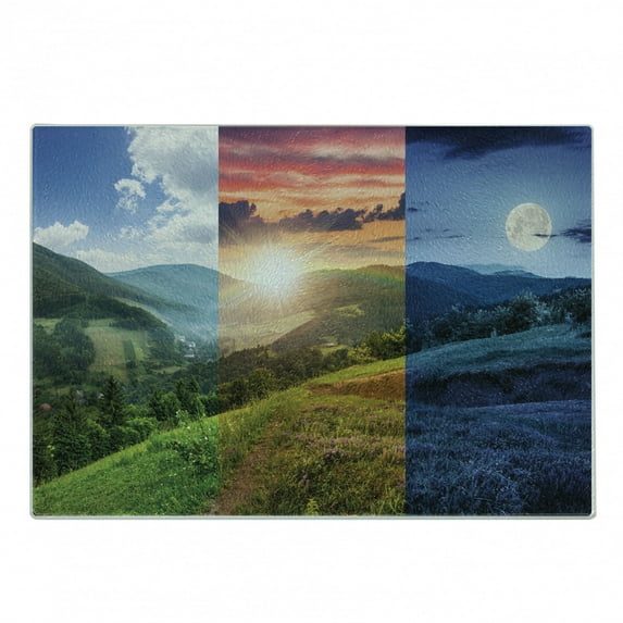 Nature Cutting Board, Foggy Mountain Forest View in Various Times of the Day Idyllic Nature Collage Art, Decorative Tempered Glass Cutting and Serving Board, Small Size, Multicolor, by Ambesonne