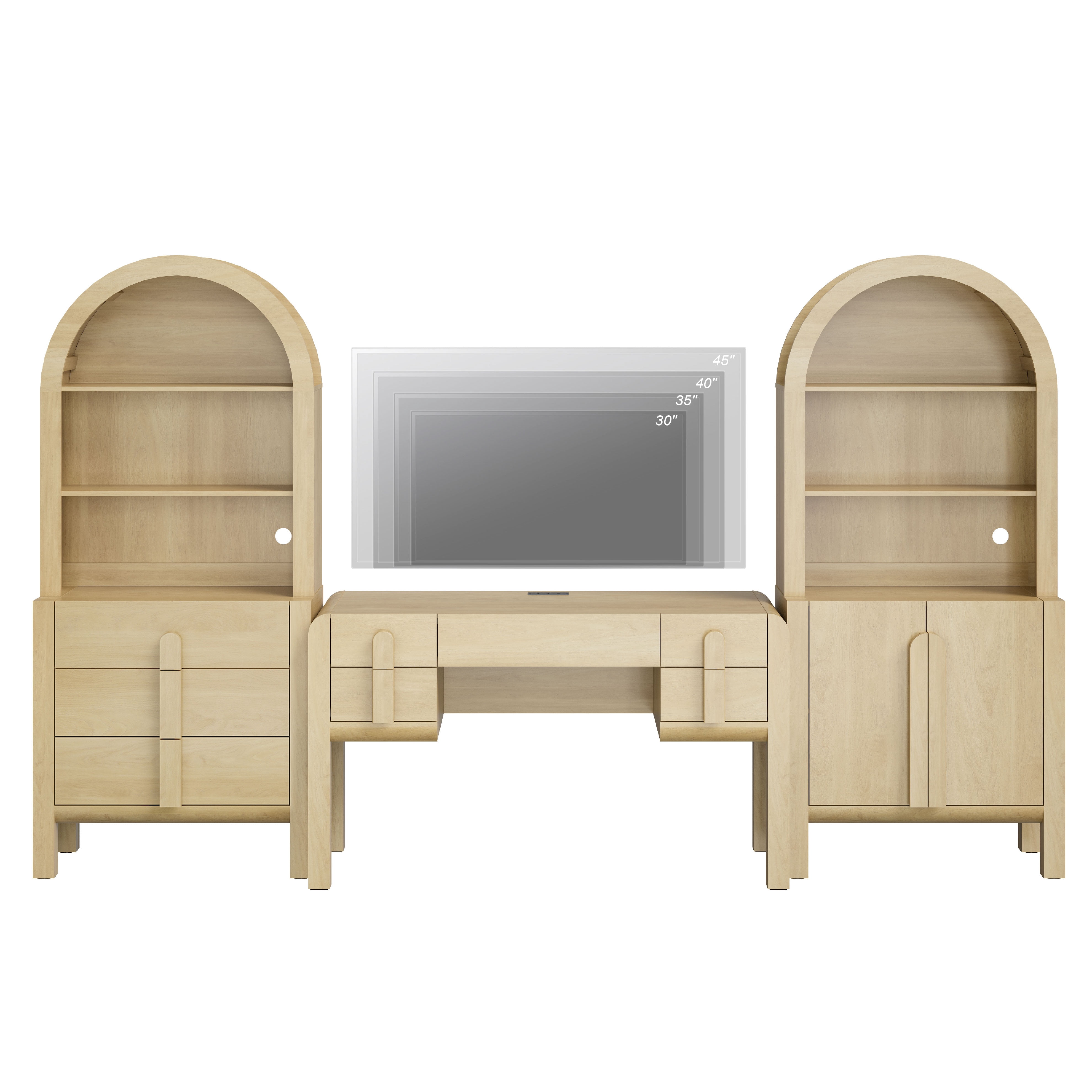 Modern Home Office Set, 53.5" Modern Executive Desk with Charging Station and Drawers & 2 Piece 71"H Tall 8-Tier Arched Bookcases with Cabinet for Living Room, Bedroom, Home Office