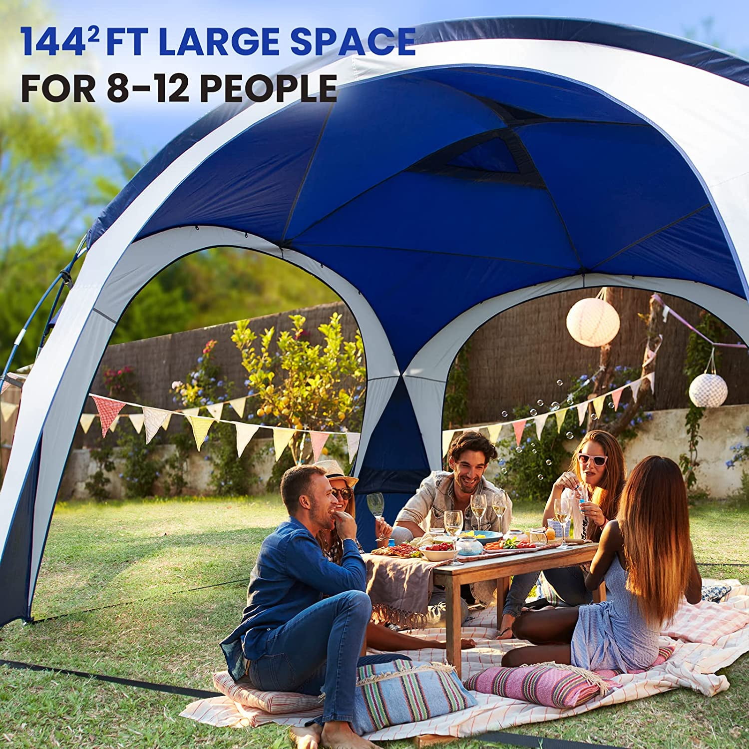 UNP Easy Beach Tent 12 X 12ft Pop Up Canopy UPF50+ Tent with Side Wall, Ground Pegs, and Stability Poles, Sun Shelter Rainproof, Waterproof for Camping Trips, Backyard Fun, Party Or Picnics (Blue)