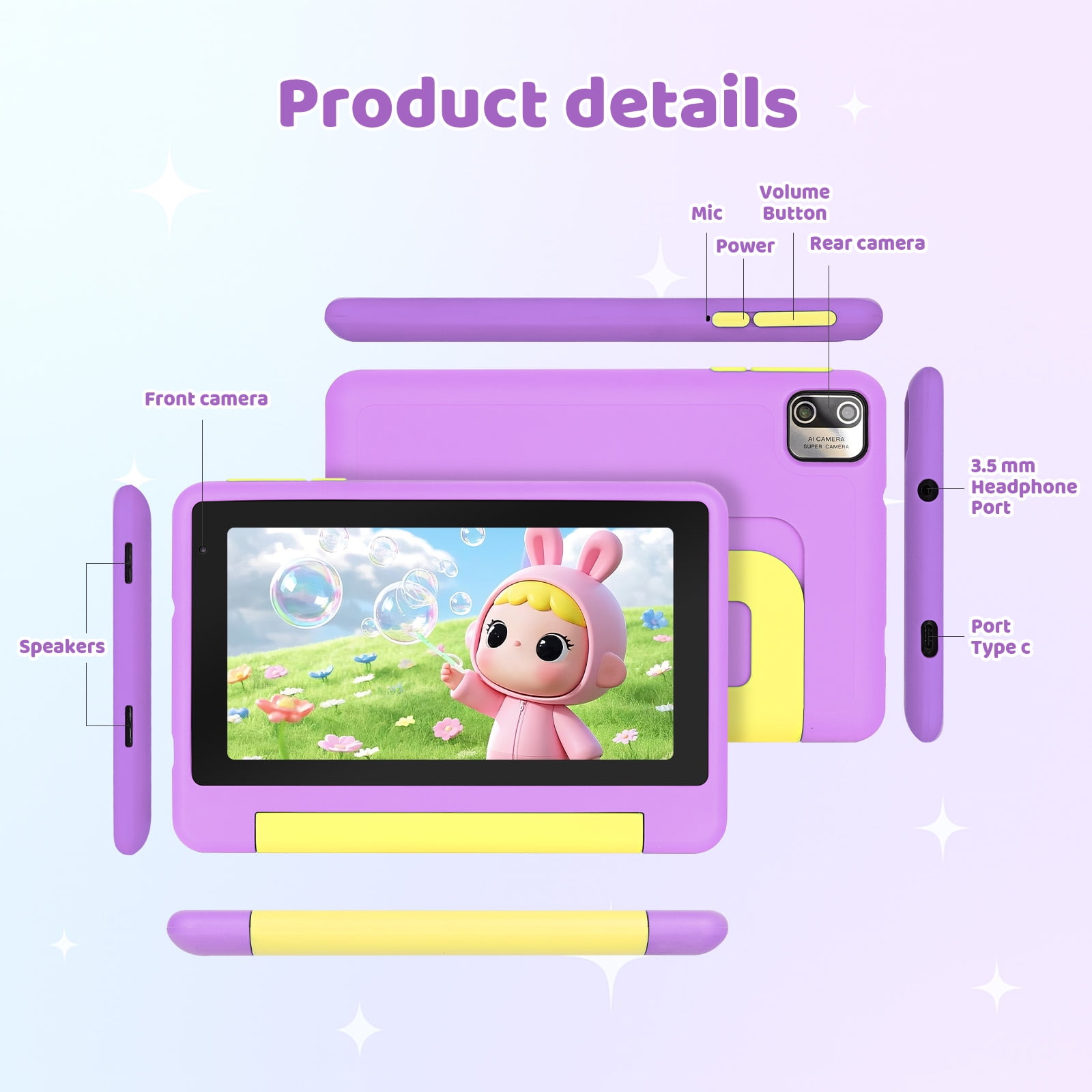 AEEZO 7 Inch Kids Tablet Bundle, 8GB RAM 64GB, Learning Tablet for Kids Ages 3-10 with Headphones Stylus Bag, Purple