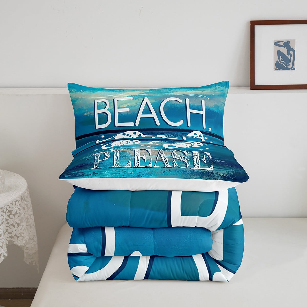 Summer Beach Comforter&nbsp;Set Hawaii Flip Flops King Bedding&nbsp;Comforter&nbsp;Sets for Girls,Sea Palm Tree Quilt Blue Ocean Duvet Insert,The Lake House Farmhouse Decor