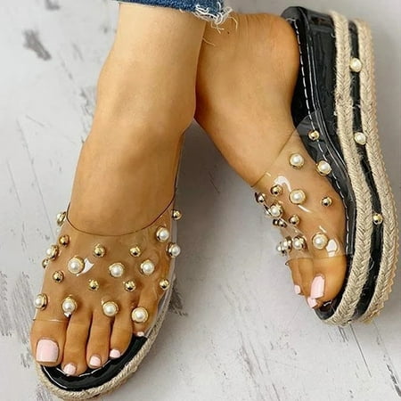 

Wirdiell Fashion Women Open Toe Pearl Slide Sandals Wedge Slippers Platform Shoes
