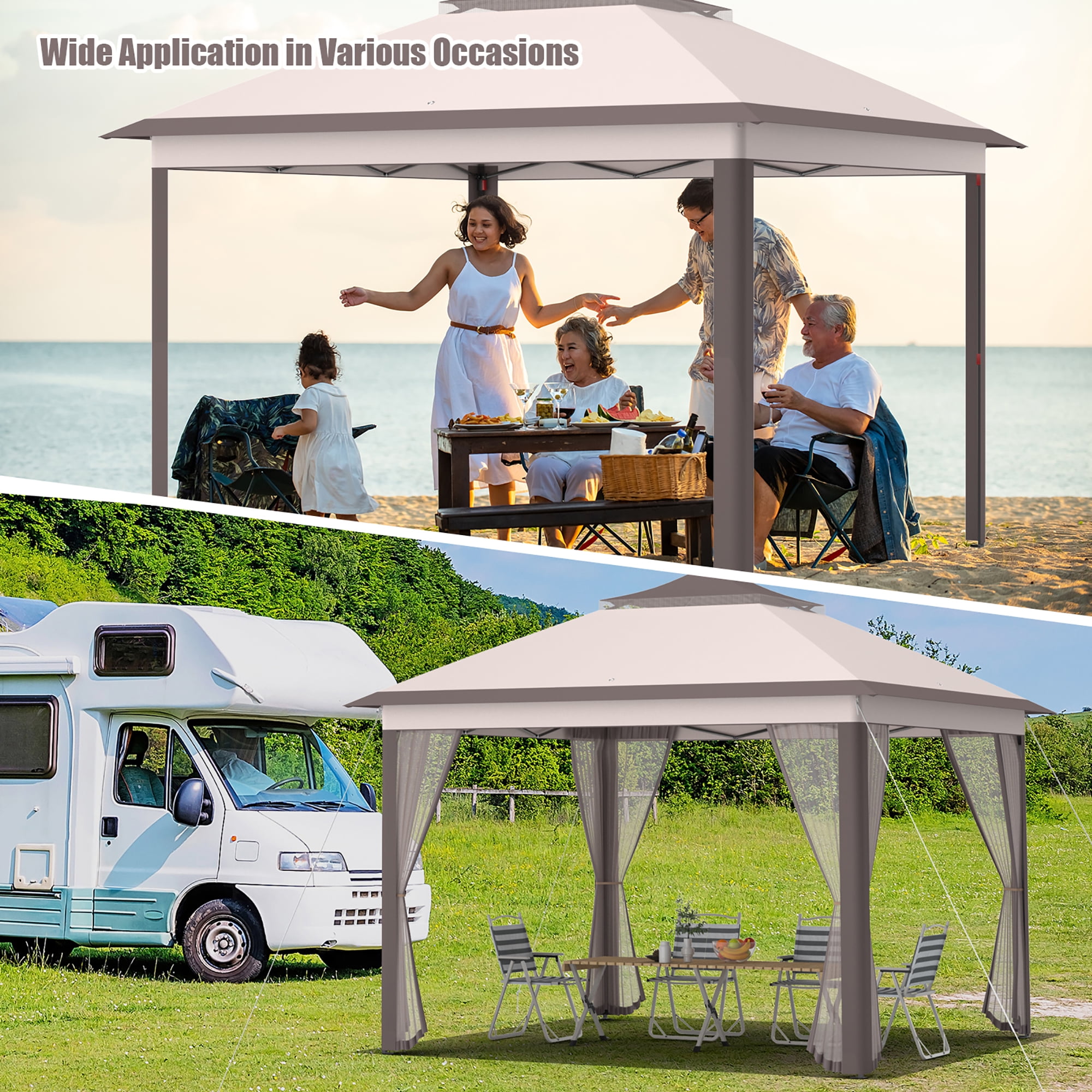 Costway 11'x11' 2-Tier Pop-Up Gazebo Tent Portable Canopy Shelter Carry Bag Mesh Beige