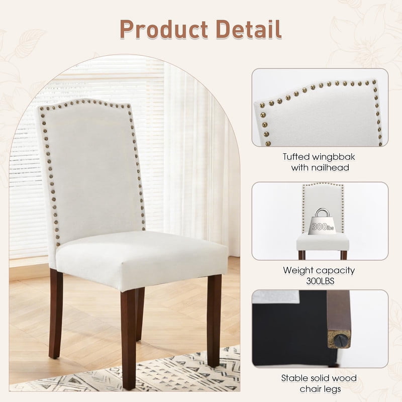 BEAUTYPEAK Dining Chairs Set of 2 Upholstered Parsons Chairs with Nailhead Trim Padded Linen Seats and Wood Legs, Beige