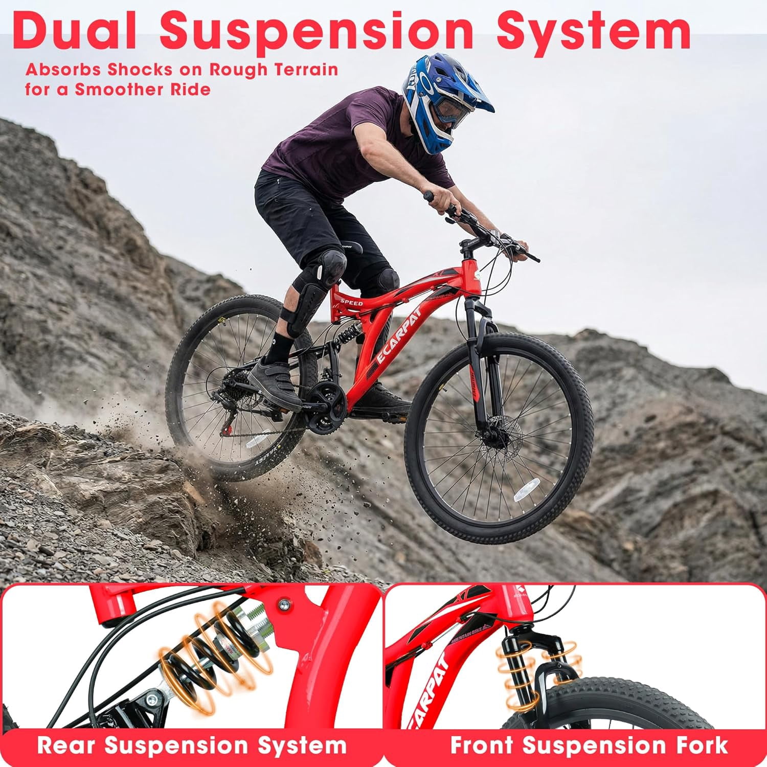 Ambifirner 26-Inch Full Suspension Mountain Bike, 21-Speed Dual Disc Brakes, High-Strength Steel Frame, All-Terrain Bicycle for Men Women Adults,Easy Assembly