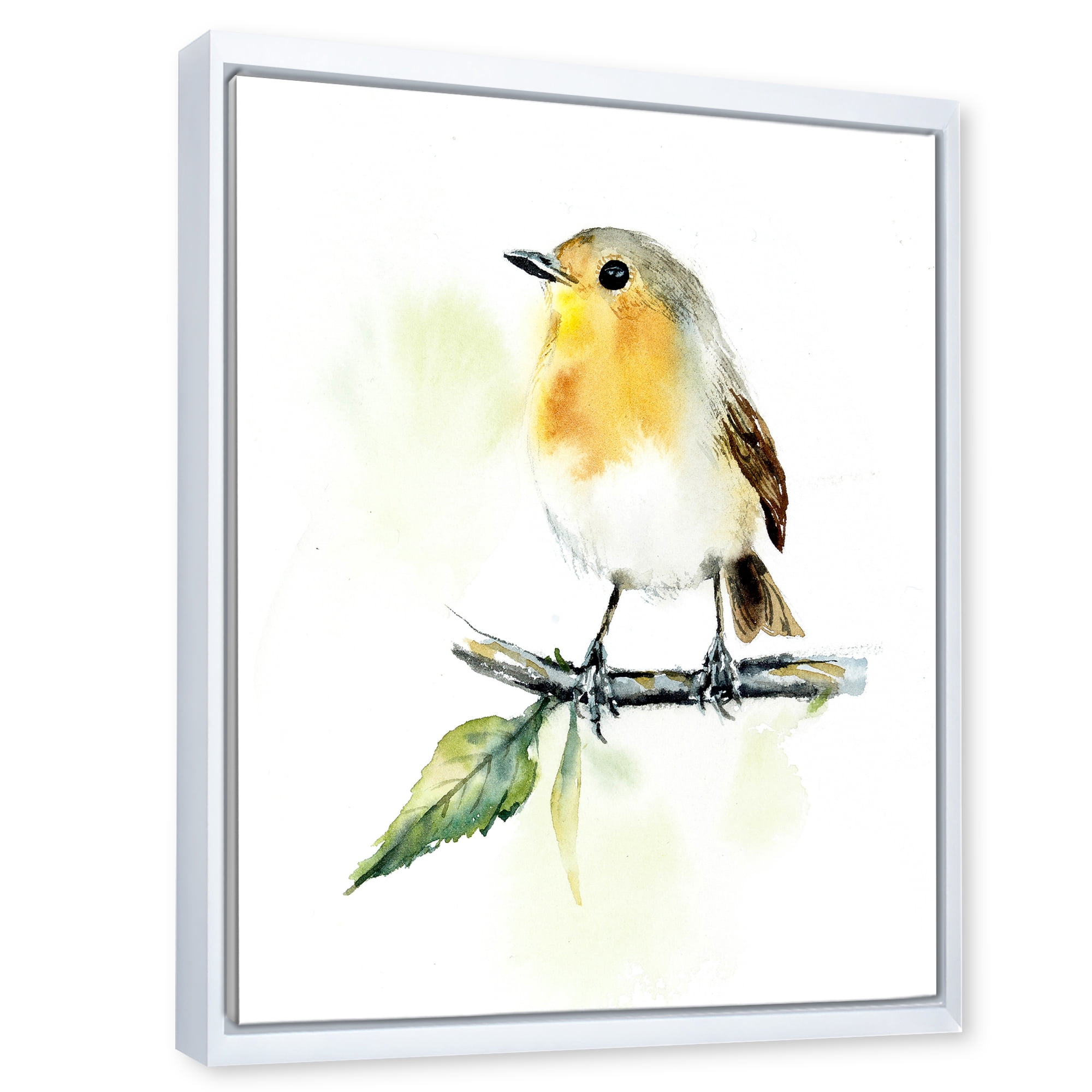 Designart 'Little Robin Bird Sitting On A Branch' Traditional Framed Canvas Wall Art Print