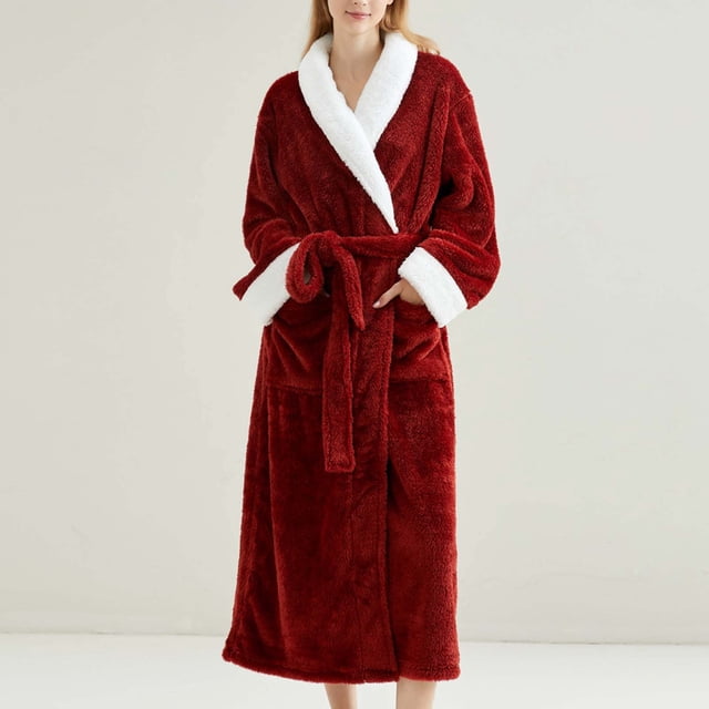 Pisexur Peignoir Femme Tissu de Haute Qualité Robe de Nuit Confortable Col Épais Robe de Nuit Longue Rouge,G