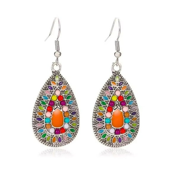 Bohemia Earrings Long Dangle Stone Enamel Drop Vintage Antique Silver Hook E11