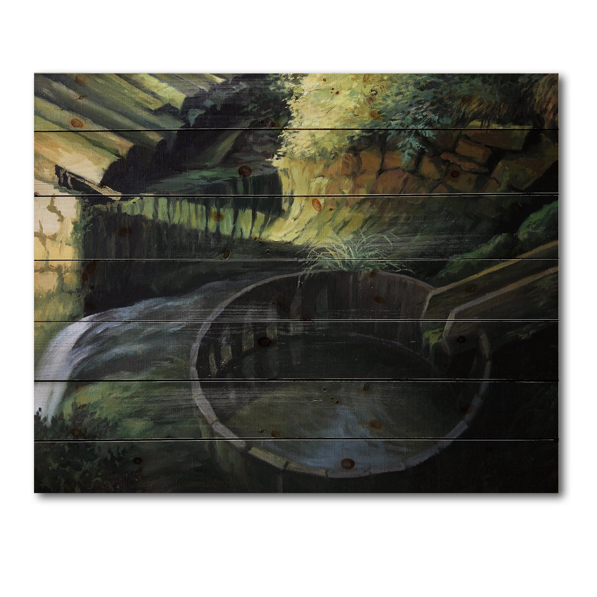 Designart 'Old Watermill In Green Nature Landscape' Lake House Print on Natural Pine Wood