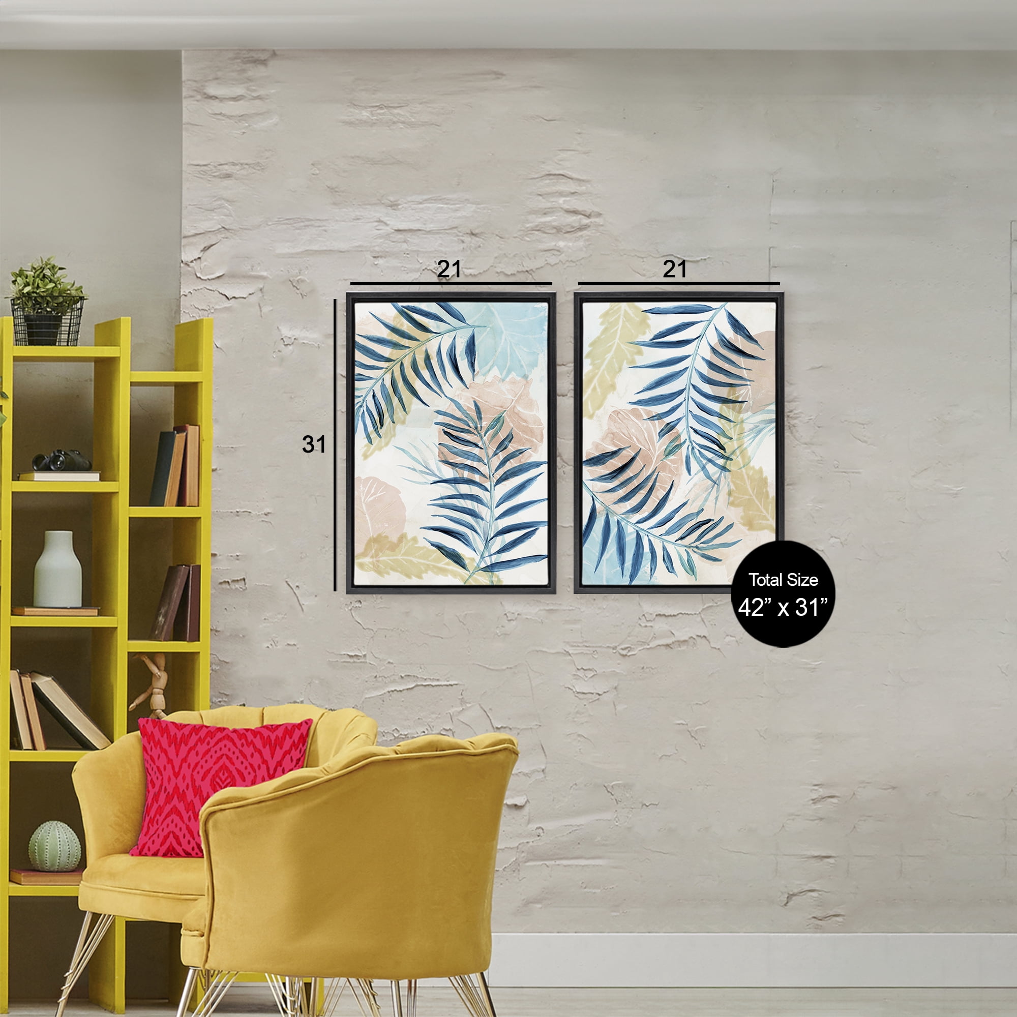 Stupell Industries Pastel & Blue Palm Fronds 2 Piece Black Framed Floater Canvas Set, design by Nan