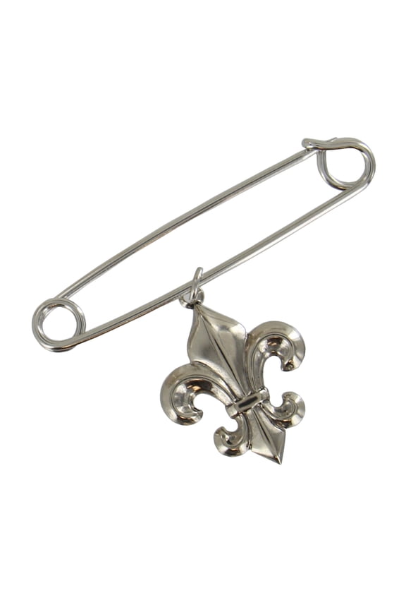 Safety Pin Brooch 2" Silver Tone Fleur De Lis French Charm Dangle Middle Ladies Adult Female Women