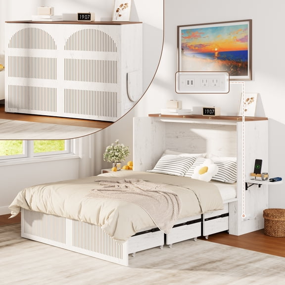 WARAYZ Murphy Bed Cabinet Space Saving Foldable Wall Bed with Drawer Charging Station Guest Bedroom Living Room Office White