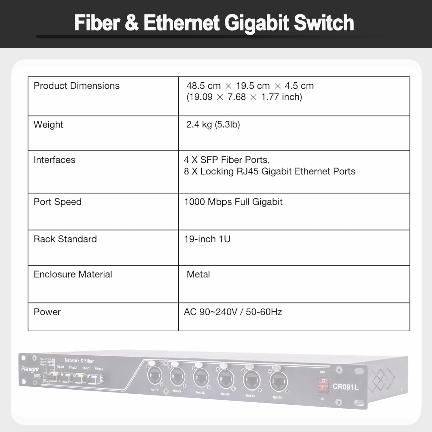 Pknight  Gigabit Fiber Ethernet Switch , 12 Port Hybrid , 4 SFP + 8 RJ45 . Industrial Rackmount Network Hub for Stage Lighting CR091L