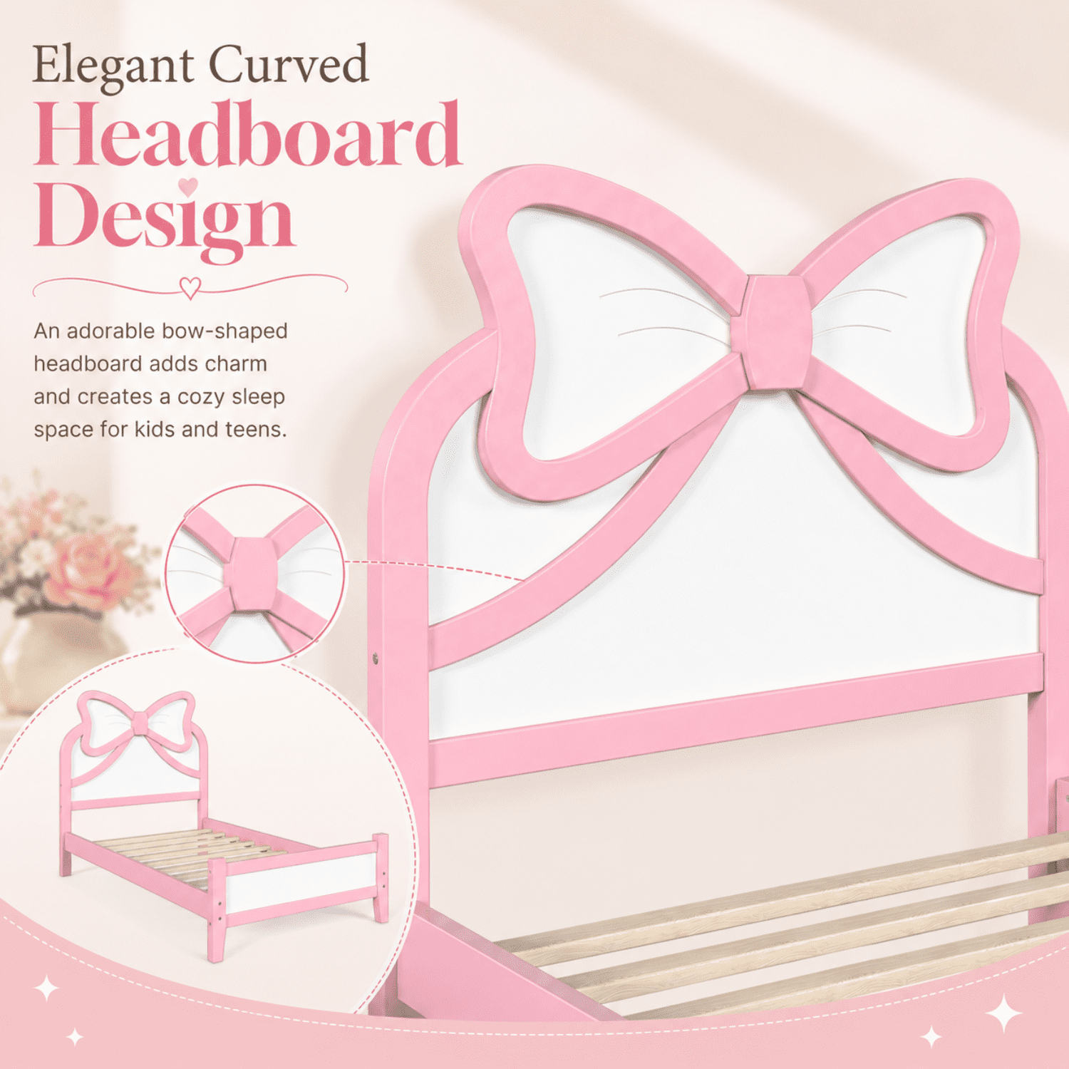 Miniyam Twin Size Kids Platform Bed with Bow-Shaped Headboard, Wood Bed Frame, Pink