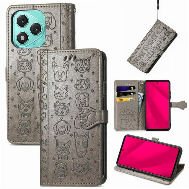 Funda Cartera FOXDOCK para Honor 400 Lite , Flip PU con Relieve de Gatos y Perros, Tarjetero y Soporte