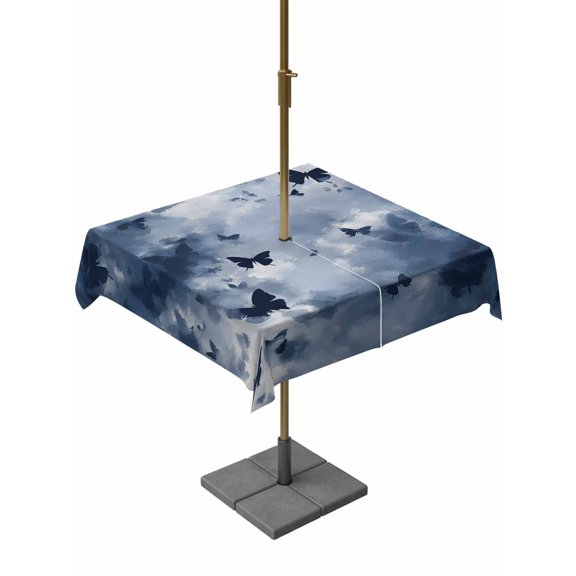 Outdoor Tablecloth with Umbrella Hole for Patio/Picnic/Party/Camping, Navy Blue Butterfly Waterproof Table Cloth Square Cover Washable, Aesthetics Contemporary Luxury (60"x 60")