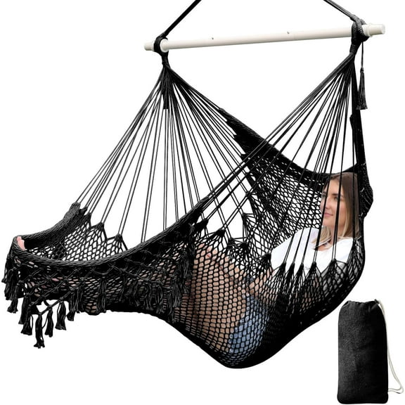 Hammock Chair Super Large Soft-Spun Cotton Rope Weaving Hanging Chair, Collapsible Strong Metal Spreader Bar Wide Seat Lace Stretch Swing Chairs Indoor Outdoor Garden Yard Theme Decoration