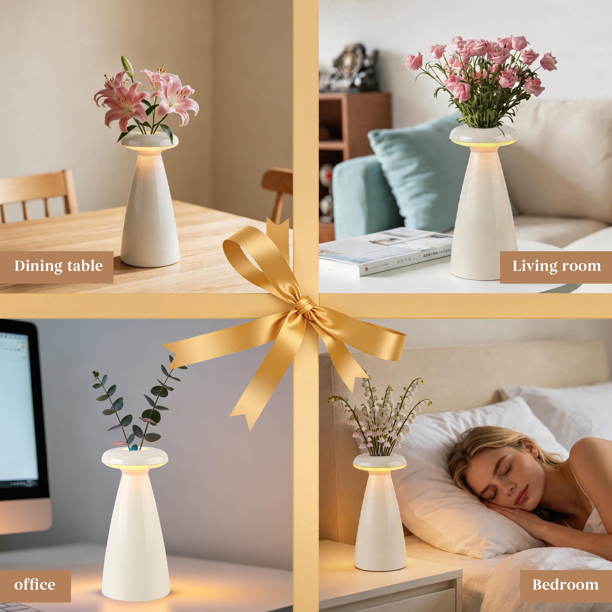 DAYBETTER 2-in-1 Ceramic Table Lamp, Stepless Dimming & 3000K LED Bedside Lamp, Modern Vase Lamp for Bedroom, Nightstand & Desk Decor, Best Gifts for family and Friends