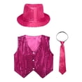 thumbnail image 3 of Alvivi Boys Sequins Waistcoat Hip-Hop Street Dance Stage Performance Vest Jacket with Hat Necktie Rose Red 8-9, 3 of 5