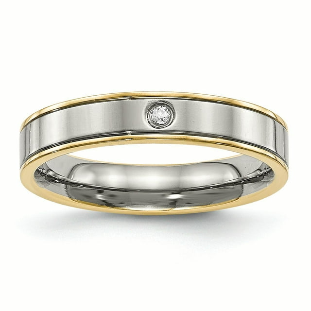 Titanium Polished Yellow IP Grooved Comfort Back CZ Ring 11.5 Size