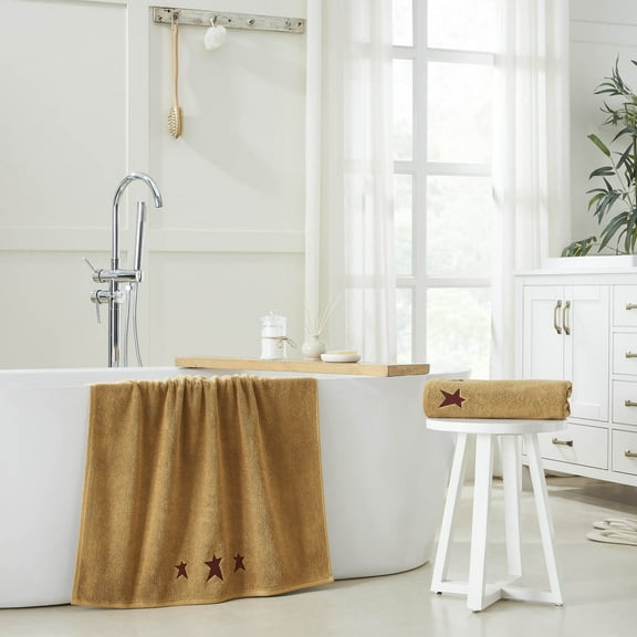 VHC Brands Burgundy Prim Stars Tan Bath Towel Set of 2 27x54