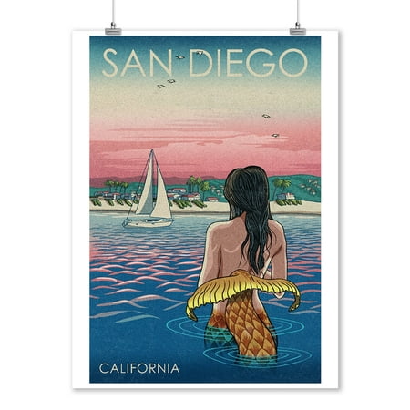 San Diego, California - Mermaid & Beach - Lantern Press Artwork (9x12 Art Print, Wall Decor Travel (Best Way To Travel From San Diego To Los Angeles)