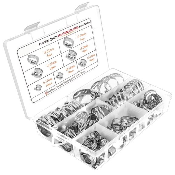 Stainless Steel Hose Clamp Assortment Kit, 60 PCS Adjustable Worm Gear Clamps (1/4“ to 1-1/2” / 6-38mm) - Fuel Line & Plumbing Clamps for Automotive, Marine,  Home Repair & Mechanical Application